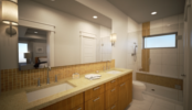 A Rendered Graphic of a Master Bathroom for a New Home 