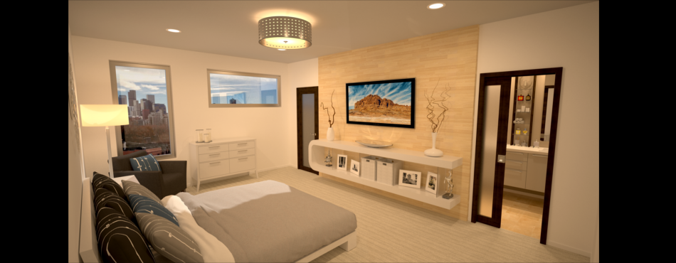 Denver Bedroom with Custom Media Shelves and Accent Wall